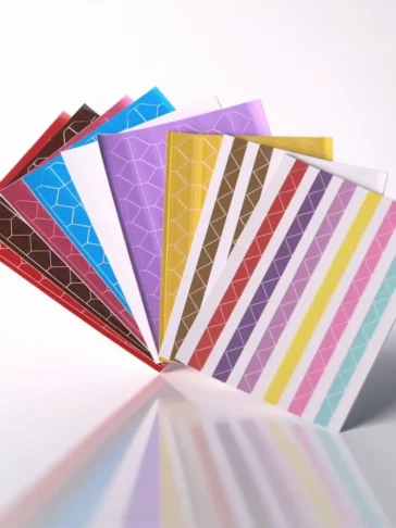 A fanned-out collection of decorative photo corner sheets in various colors and patterns.