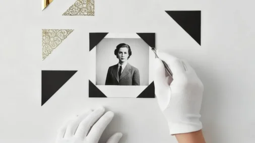 A stylish flat lay of various decorative photo corners, including metallic, vintage, and colorful styles, showcasing archival-safe design trends.