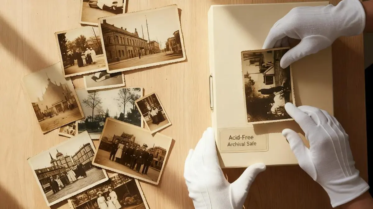Архивист в белых перчатках осторожно помещает винтажную фотографию в четко помеченную коробку для хранения "Без кислоты, архивно безопасно".